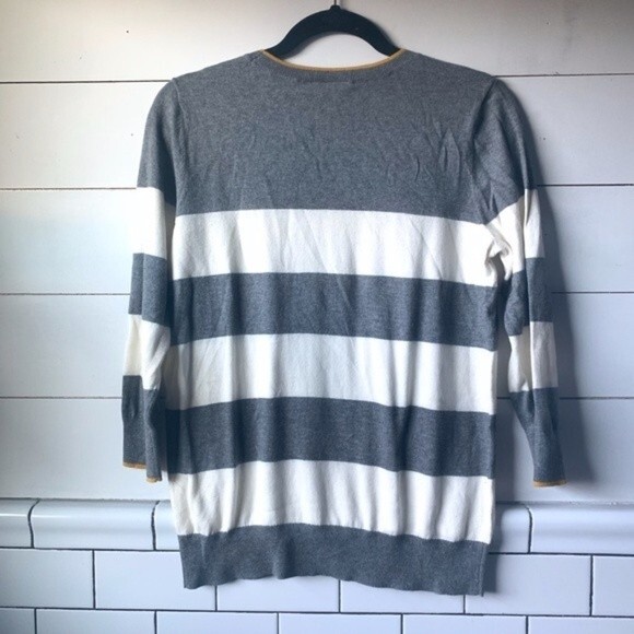 LOFT sweater womens grey/white striped 3/4 sleeve sweater medium - Picture 3 of 5